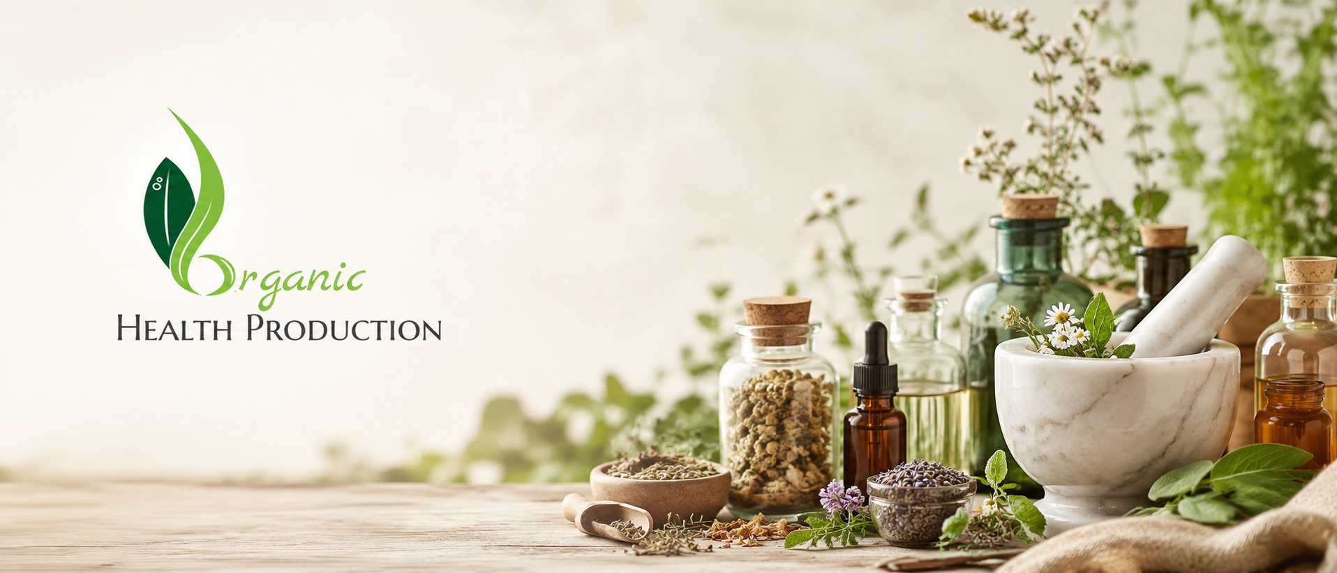 Organic Health Production still-life arrangement with medicinal plants, glass bottles, mortar and pestle